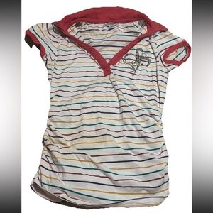 Southpole Vintage Y2K Striped Woman’s Rouched Cap Sleeve Trend Colared Top SZ.M